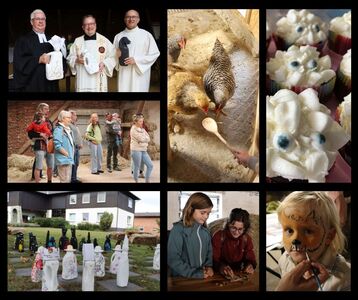 Eine Collage aus sieben Fotos zeigt die Attraktionen des Hoffestes auf dem Kolping Gutshof, unter anderem mit Kinderschminken, einem Gottesdienst, Outdoor-Schach, Hühner füttern, Bastelaktion und Kuchenbüfett.